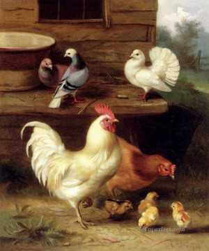 Animal Painting - Un gallo gallina y polluelos con palomas animales de granja Edgar Hunt